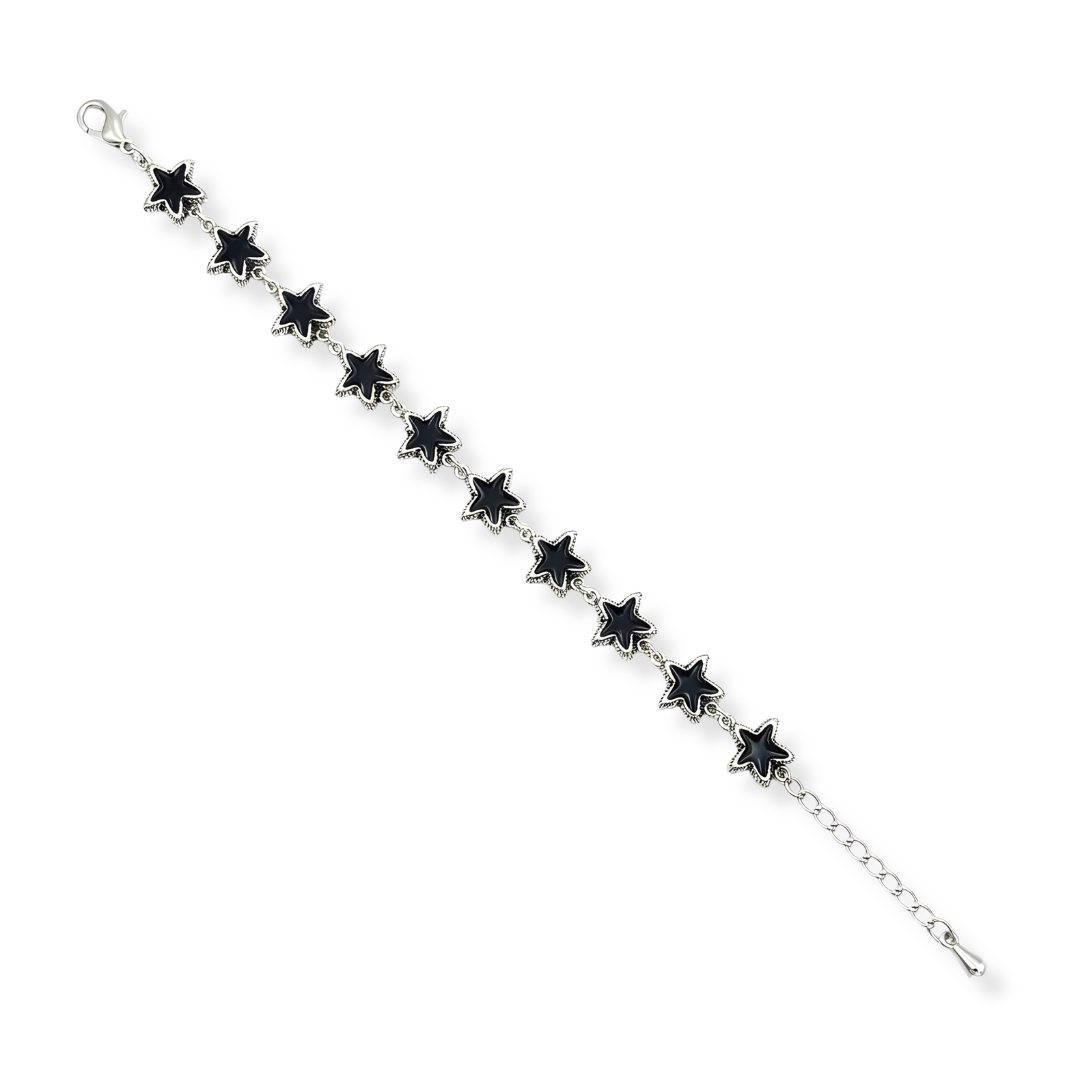 Silver Black Enamel Star Link Bracelet (22cm) – Textured Border Star Station Charm Bracelet for Women